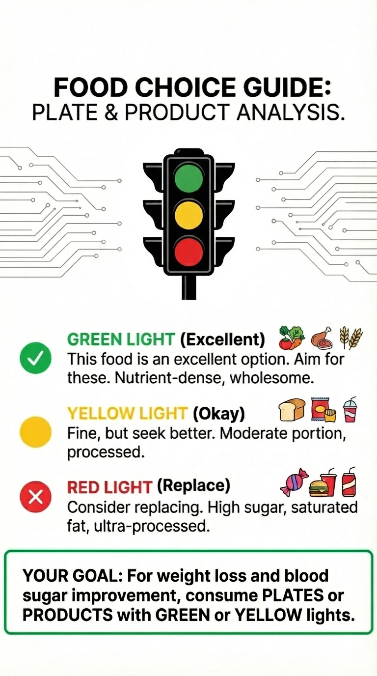 Food Choice Guide showing green, yellow, and red light categories for plate and product analysis